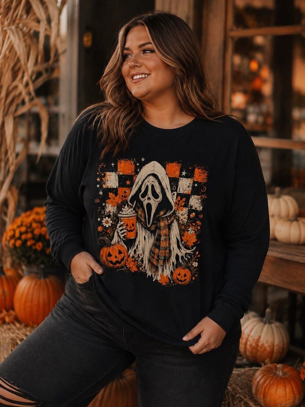 Halloween Cozy Fall Vibes Graphic Long Sleeve 2XL